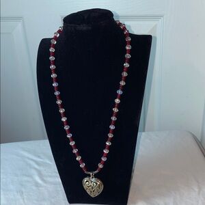 Red and White Beaded Heart Necklace